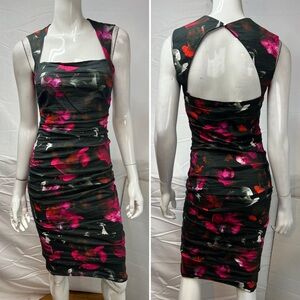 Nicole Miller Women’s 6 Black Red Floral Roses Ruched Stretch Pencil Dress
